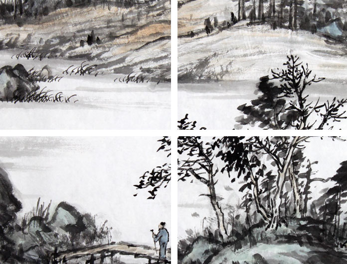 名家劉金河六尺山水國(guó)畫(huà)《柴門(mén)起禪心鏡里霜》局部展示