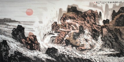 中國美協(xié)王石帆四尺寫意山水畫《福山壽海旭日祥云》