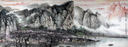 著名畫家王凌云小八尺酒店大廳山水《桃花江畔》
