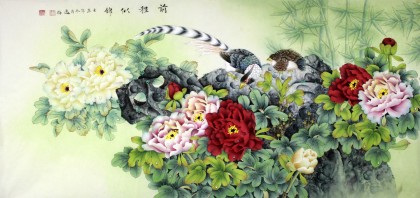 山東名家趙逸梅四尺工筆牡丹錦雞圖《錦繡前程》