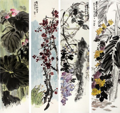 中國美協(xié)會員龐銀時四尺花鳥畫四條屏