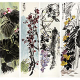 中國(guó)美協(xié)會(huì)員龐銀時(shí)四尺花鳥(niǎo)畫(huà)四條屏