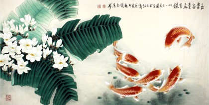 河南美協(xié)董書林四尺工筆九魚《玉堂富貴慶有余》