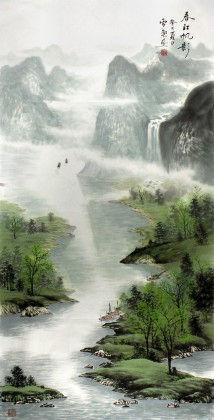 安徽美協(xié)何華賢四尺青綠山水畫《春江帆影》