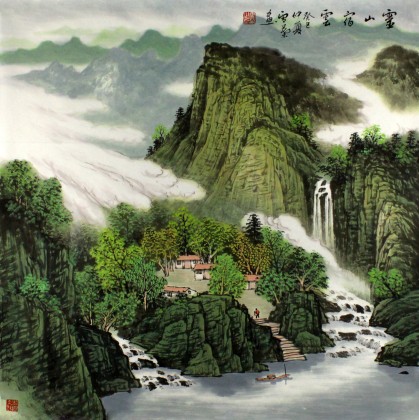 安徽美協(xié)何華賢四尺斗方青綠山水畫《靈山宿云》