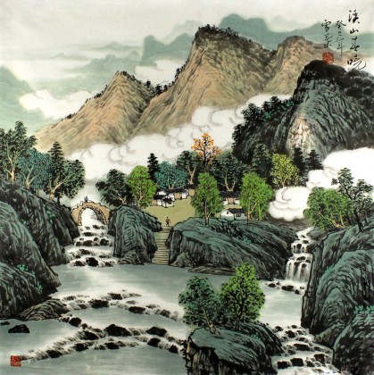 安徽美協(xié)何華賢四尺斗方山水畫《溪山春曉》