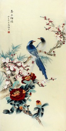 著名工筆畫家趙逸梅四尺工筆枝上雙雀圖《喜上眉梢》