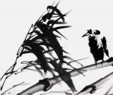 李紹山四尺三開鳥觀竹水墨花鳥畫《竹鳥圖》