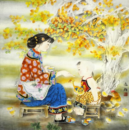 著名工筆畫家趙逸梅兒童臥室畫《育子圖》