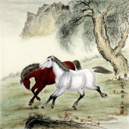 著名工筆畫家趙逸梅四尺斗方駿馬《雙駿圖》