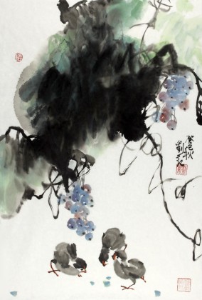 【已售】劉紀(jì) 四尺三開葡萄大雞圖《碩果吉祥》 中國畫大家 真跡收藏