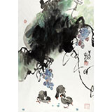 【已售】劉紀(jì) 四尺三開葡萄大雞圖《碩果吉祥》 中國(guó)畫大家 真跡收藏