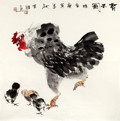 劉其墉四尺斗方水墨雄雞《育子圖》