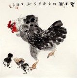 【已售】劉其墉四尺斗方水墨雄雞《育子圖》