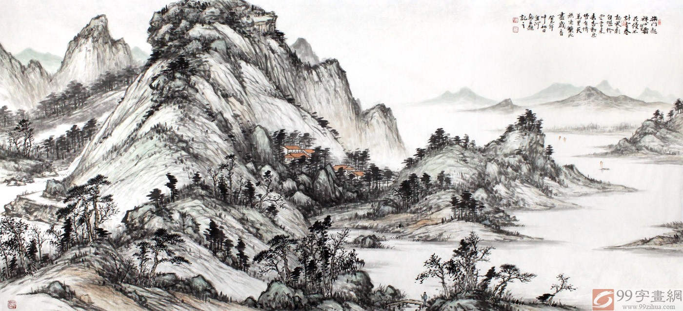 名家劉金河六尺山水國(guó)畫(huà)《柴門(mén)起禪心鏡里霜》