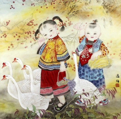 著名工筆畫家趙逸梅四尺斗方《鵝趣》