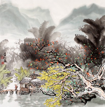 民盟美協(xié)理事黃奇松四尺斗方《山村秋景圖》