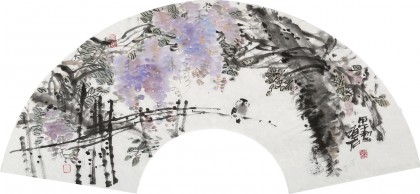 當(dāng)代水墨漫畫(huà)名家 強(qiáng)春云扇畫(huà)《豐碩》