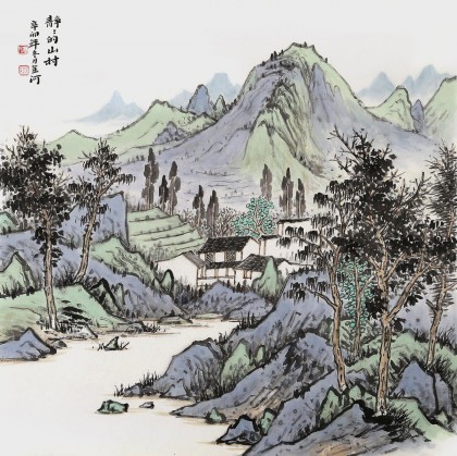 劉金河四尺斗方《靜靜的山村》中國(guó)美術(shù)家協(xié)會(huì)會(huì)員（詢價(jià)）