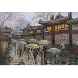 朝鮮名家油畫(huà) 李賢哲《雨中的街道》