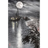 申凌翔 四尺三開(kāi)《洲頭望月》 廣西山水畫(huà)名家