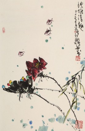 王永剛 四尺三開手指畫《池塘清趣》 國家一級(jí)美術(shù)師（詢價(jià)）