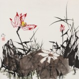 【已售】苗雨 四尺斗方《映日荷花別樣紅》 遼寧工美教授 師從吳冠中