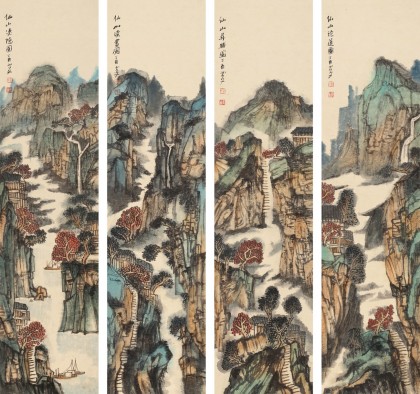 胡書文 四條屏《仙山漁隱圖》中國(guó)書畫院創(chuàng)作院副院長(zhǎng)（詢價(jià)）