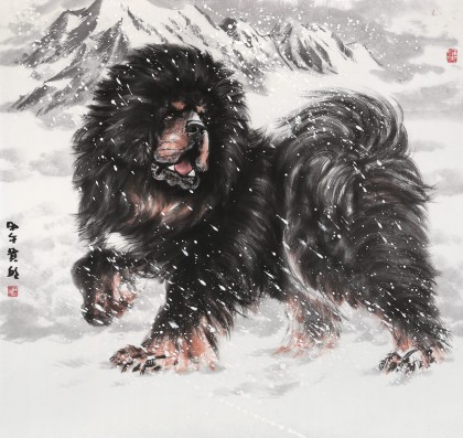 【已售】王貴邱 六尺斗方《高瞻遠矚》 當代著名藏獒畫家