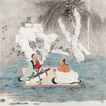 趙開新 四尺斗方《聽琴圖》 中美協(xié)會(huì)員 國(guó)家畫院畫家（詢價(jià)）