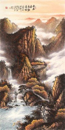 張慧仁 四尺《山居金秋觀瀑圖》 廣西山水畫家協(xié)會常務(wù)理事