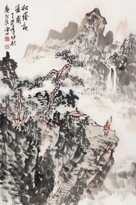 庾超然 四尺三開(kāi)《松蔭觀瀑圖》 黃鶴樓書(shū)畫(huà)院院長(zhǎng)