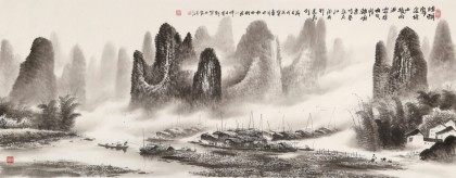 張慧仁 小六尺《江流舟行長壽行》 廣西山水畫家協(xié)會常務(wù)理事
