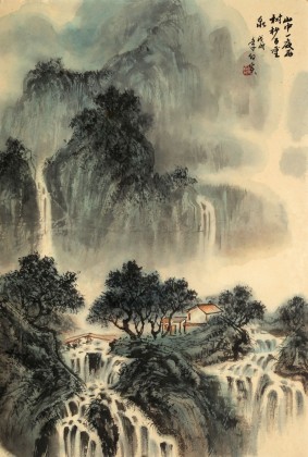 【已售】何實 四尺三開《山中一夜雨》 吉林著名山水畫家
