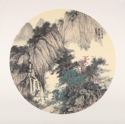 吳顯剛卡紙團(tuán)扇《攜琴訪友圖》 貴州七星關(guān)美協(xié)主席