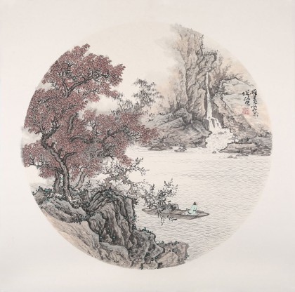 【已售】吳顯剛卡紙團扇《秋江觀瀑圖》 貴州七星關美協(xié)主席