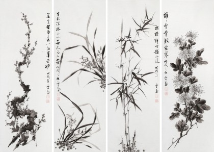 【已售】何華賢 四條屏 《梅蘭竹菊》 潁淮書畫名家