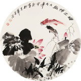 王寶欽 四尺團(tuán)扇荷花《塘邊情趣》當(dāng)代花鳥牡丹畫名家（詢價）