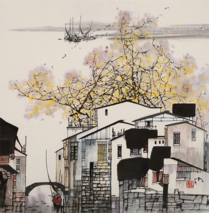 【已售】苗雨 四尺斗方《水鄉(xiāng)情思》 遼寧工美教授 師從吳冠中