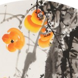 【已售】王寶欽 四尺團(tuán)扇柿子《萬事如意》當(dāng)代花鳥牡丹畫名家（詢價(jià)）