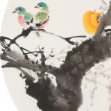 【已售】王寶欽 四尺團(tuán)扇柿子《萬事如意》當(dāng)代花鳥牡丹畫名家（詢價(jià)）