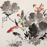 王寶欽 四尺斗方《荷趣》當(dāng)代花鳥牡丹畫名家（詢價(jià)）