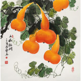 【已售】黃藝四尺斗方招財辟邪葫蘆畫《五福臨門》