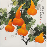【已售】黃藝四尺斗方招財辟邪葫蘆畫《五福臨門》